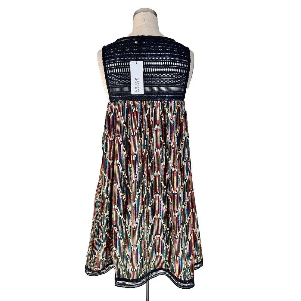 Molly Bracken Dress Abstract Print  Sleeveles Lattice Lace Details‎ Size S NEW